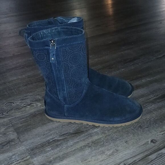 UGG Blue Floral Pattern Perforated Suede Side Zip Boots Sz 6  S/N 1004545 EUC - Picture 5 of 8